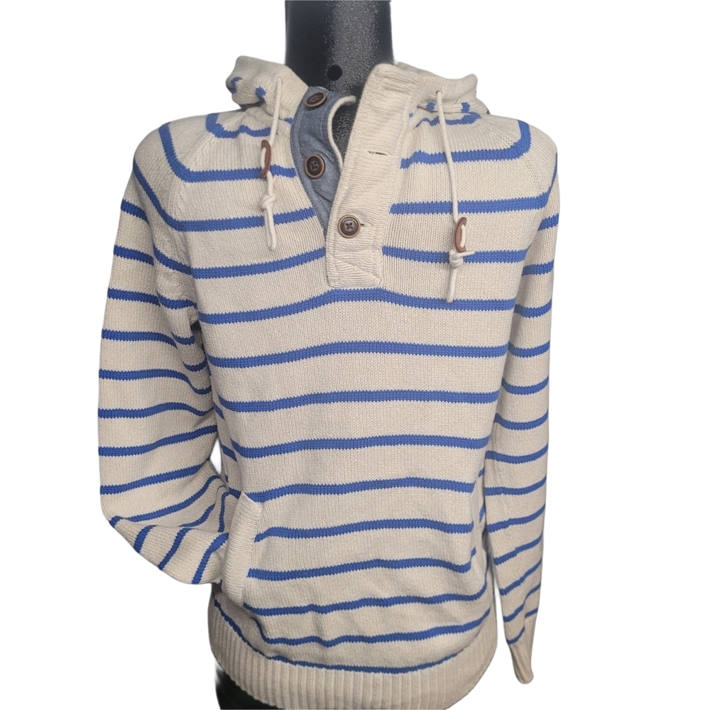H&M L.o.g.g Men's Blue and Cream Striped Pullover Knit Hooded Sweater S